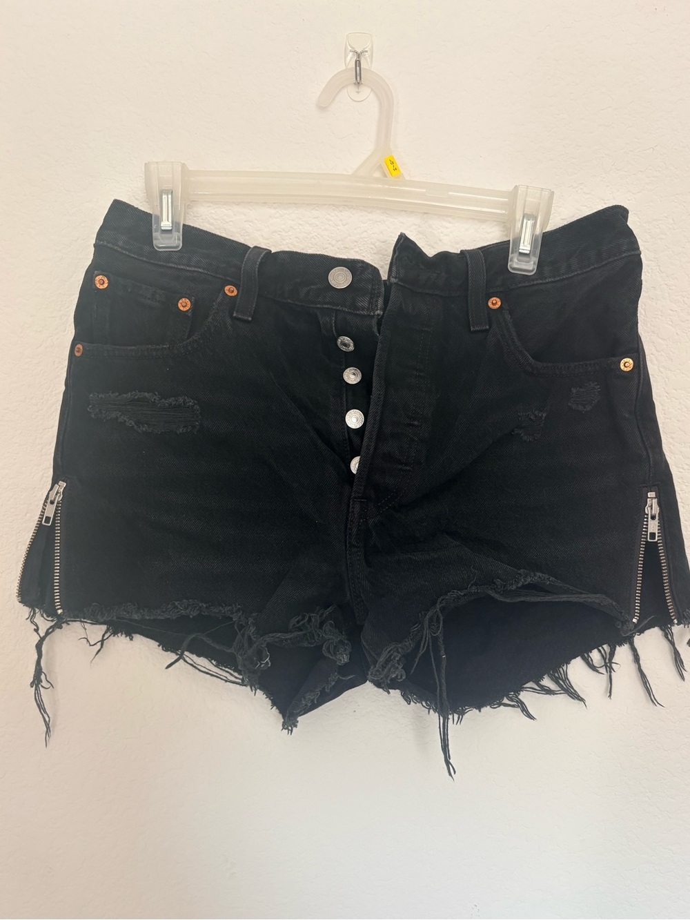 Levi's Premium 501 Altered Black Distressed Zipper Jean Shorts Size 28